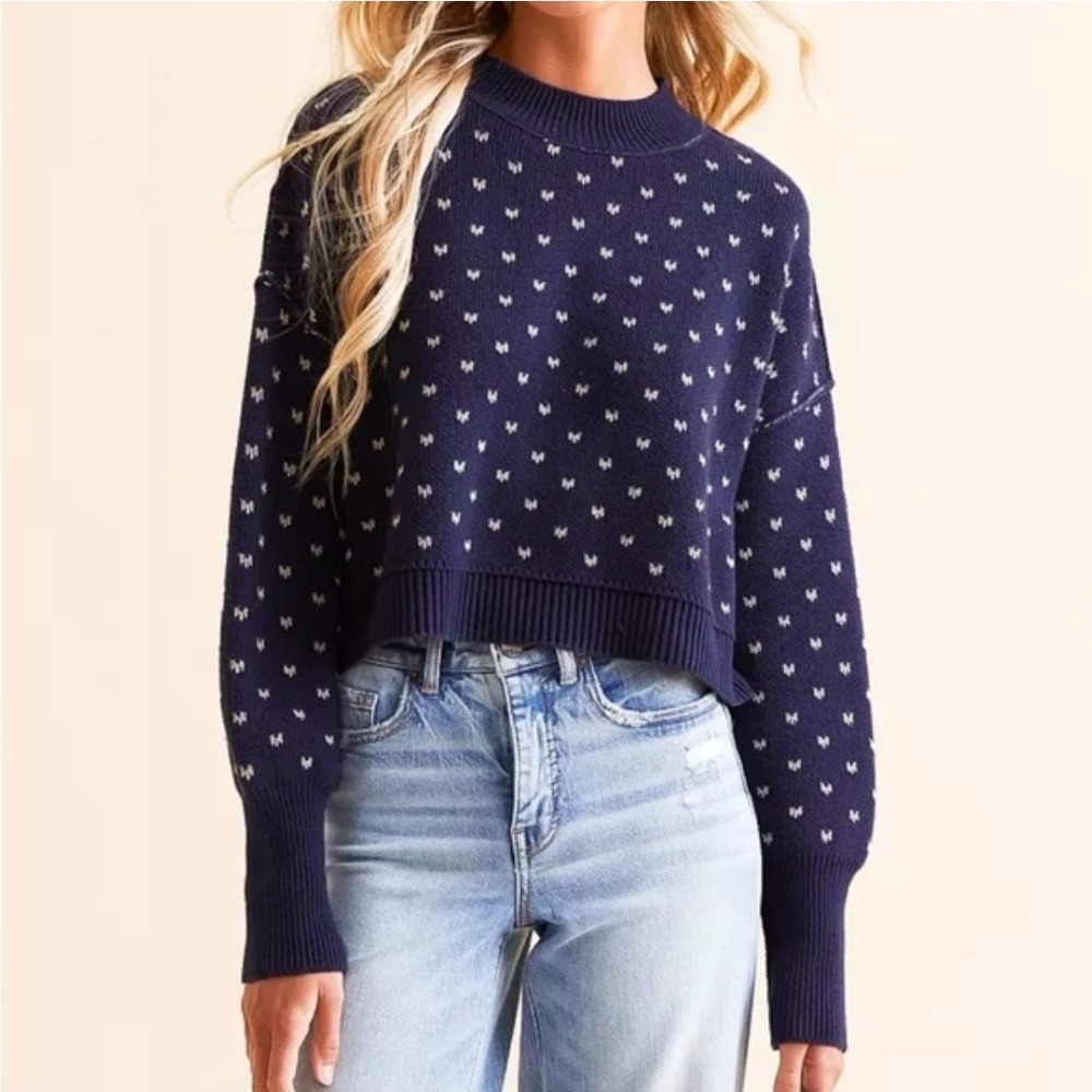 Free People Easy Street Patterned Crop Sweater Womens M Navy Oversized Cozy